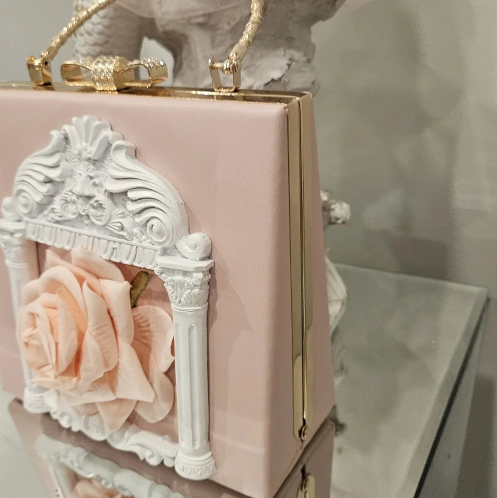 Ornate Pink Floral Box Clutch with Gold Handle